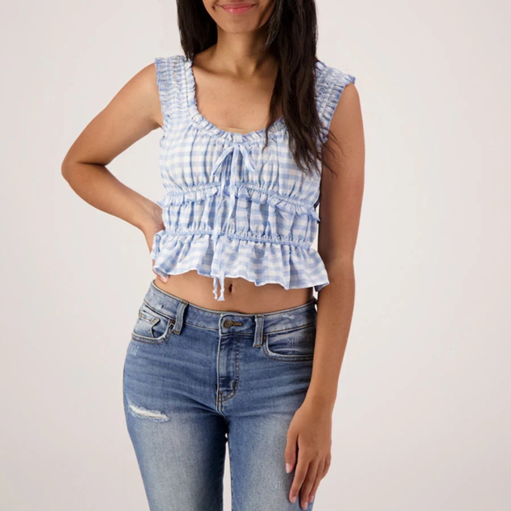 Charmed Hearts Blue‎ Gingham Ruffle Top